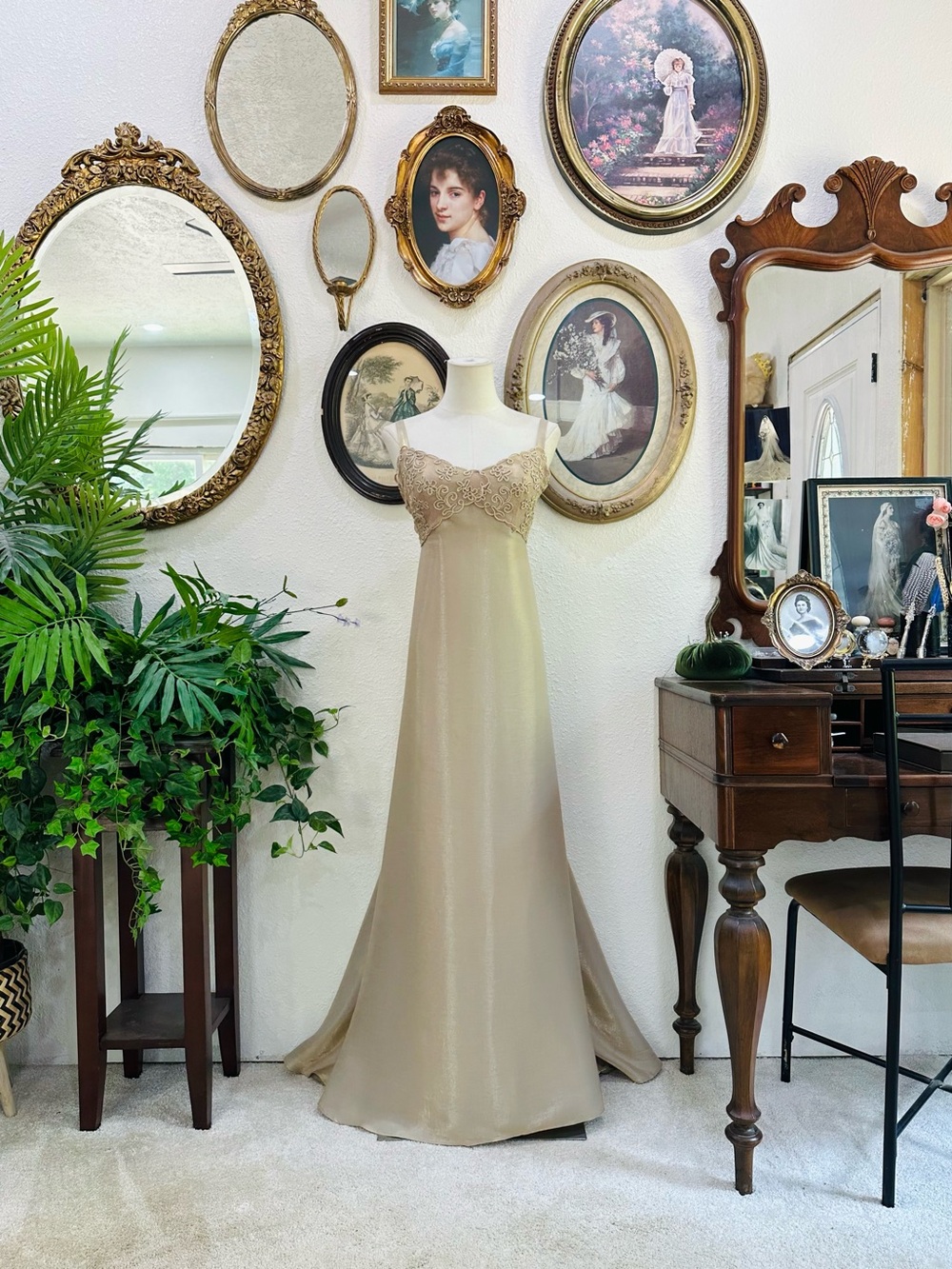 Elegant Champagne Slip Gown with Lace Bodice